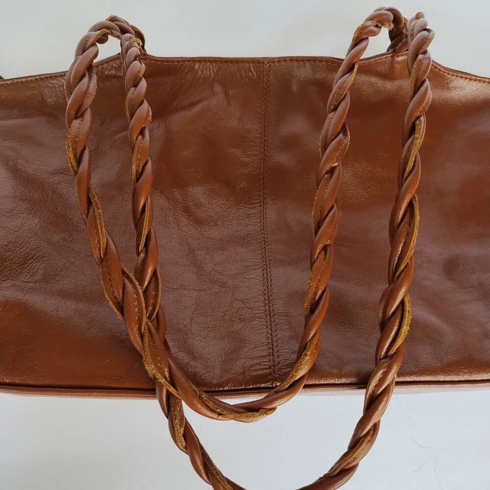 Latico Women's Brown Glossy Leather Tote Bag Purse With Braided Handles - Picture 13 of 16